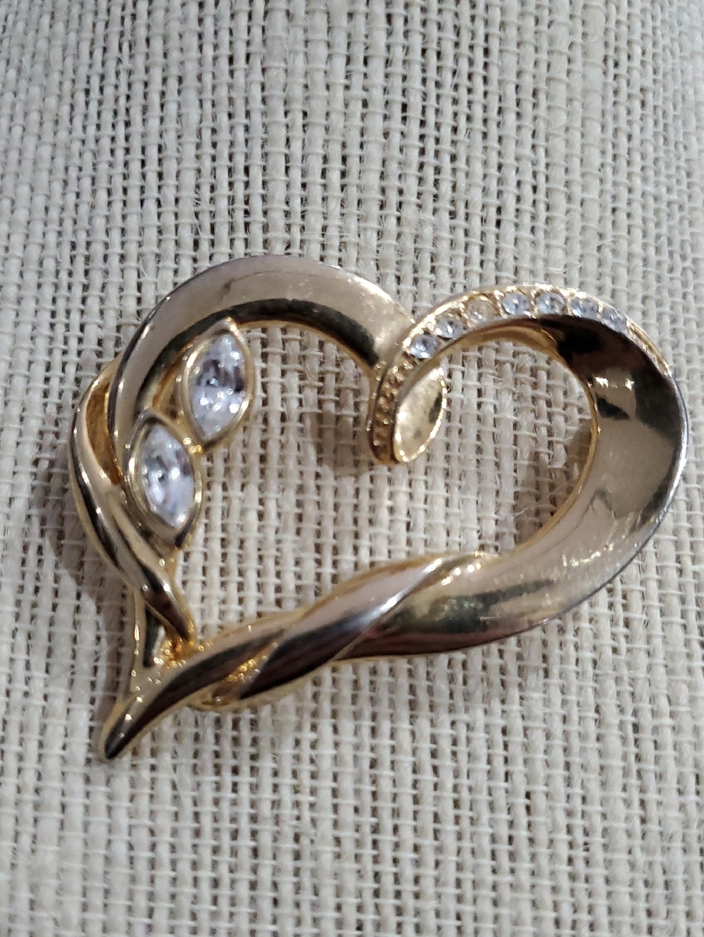 Vintage Gold Heart Brooch with Clear Crystals